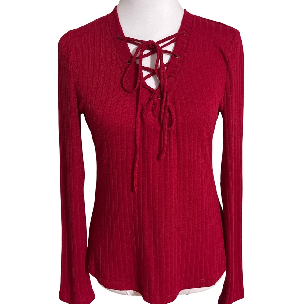 Sweet Wanderer Crimson Lace Up Blouse